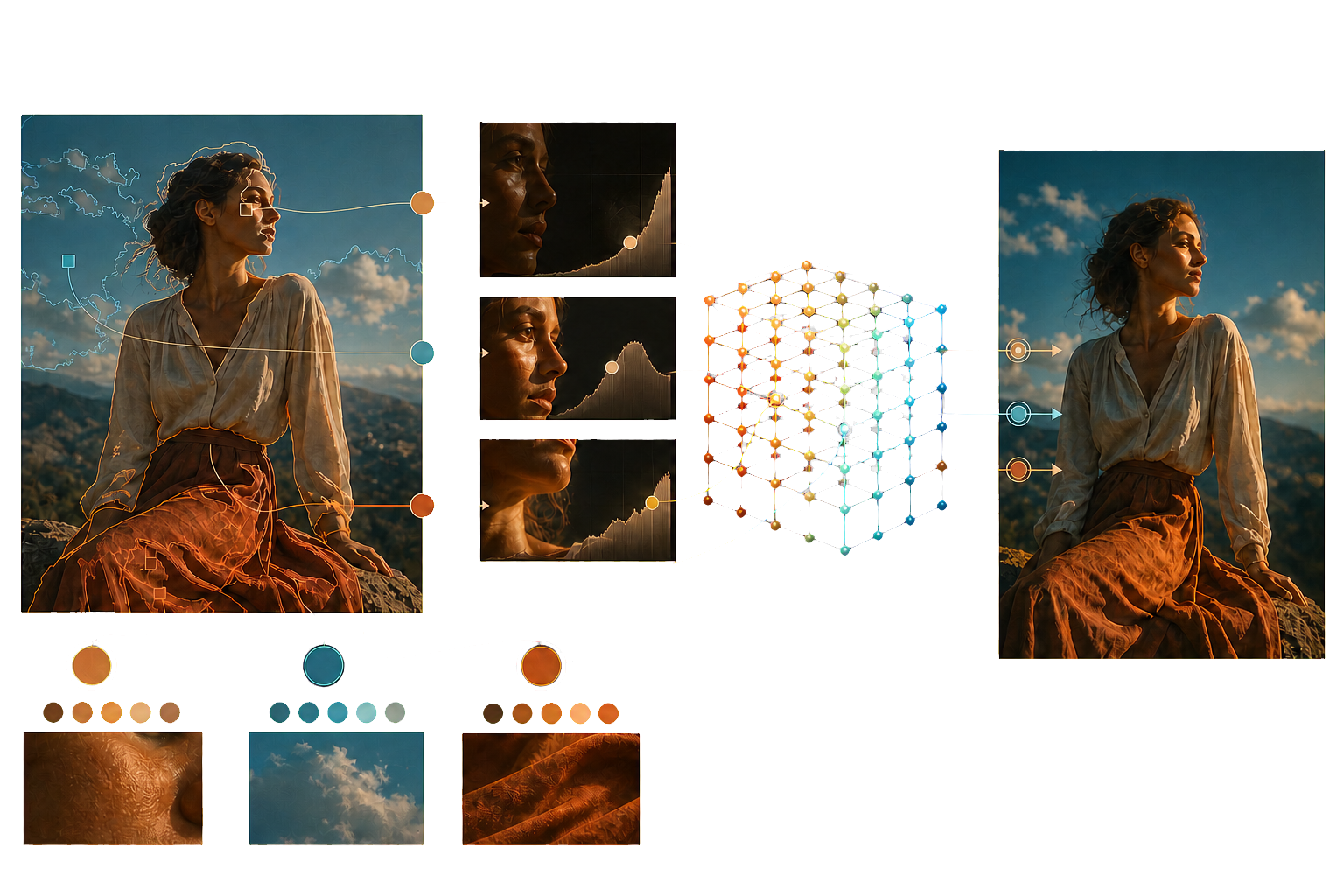 Ilustração técnica do motor de cor analisando sombras, meios-tons, altas luzes, pele, céu e roupas